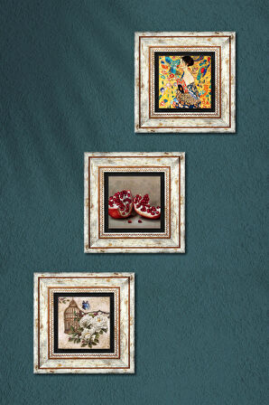 Gustav Klimt Yelpazeli Kadın, Kelebekli Çiçek, Nar Taş Duvar Tablosu Çerçeveli Duvar Dekoru 3 Parça Tablo Seti Wall Art