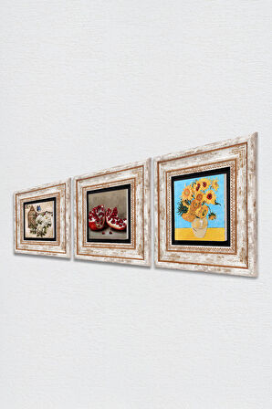 Van Gogh On İki Ayçiçekli Vazo, Kelebekli Çiçek, Nar Taş Duvar Tablosu Çerçeveli Duvar Dekoru 3 Parça Tablo Seti Wall Art