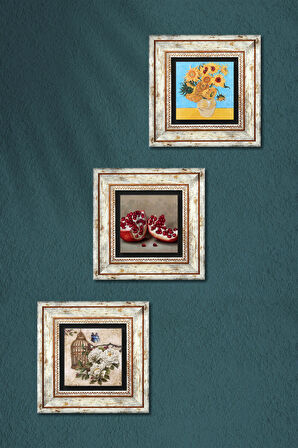 Van Gogh On İki Ayçiçekli Vazo, Kelebekli Çiçek, Nar Taş Duvar Tablosu Çerçeveli Duvar Dekoru 3 Parça Tablo Seti Wall Art