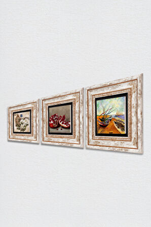 Van Gogh Balıkçı Tekneleri, Kelebekli Çiçek, Nar Taş Duvar Tablosu Çerçeveli Duvar Dekoru 3 Parça Tablo Seti Wall Art