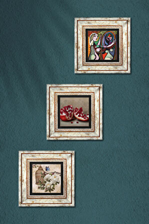 Picasso Ayna Karşısındaki Kız, Kelebekli Çiçek, Nar Taş Duvar Tablosu Çerçeveli Duvar Dekoru 3 Parça Tablo Seti Wall Art