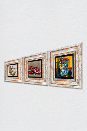 Picasso Ağlayan Kadın, Kelebekli Çiçek, Nar Taş Duvar Tablosu Çerçeveli Duvar Dekoru 3 Parça Tablo Seti Wall Art