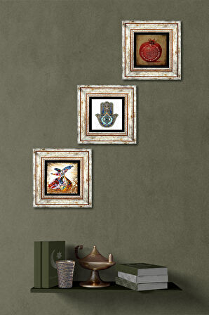 Bereket Duası, Semazen, Fatma Ana Eli (Hamsa) Taş Duvar Tablosu Çerçeveli Duvar Dekoru 3 Parça Tablo Seti Wall Art