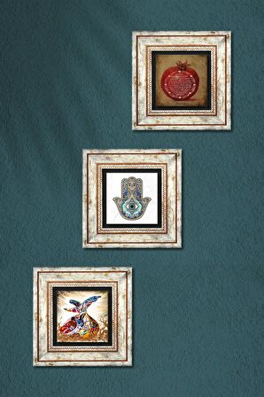 Bereket Duası, Semazen, Fatma Ana Eli (Hamsa) Taş Duvar Tablosu Çerçeveli Duvar Dekoru 3 Parça Tablo Seti Wall Art