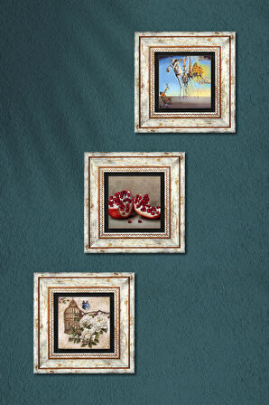 Salvador Dalí, Kelebekli Çiçek, Nar Taş Duvar Tablosu Çerçeveli Duvar Dekoru 3 Parça Tablo Seti Wall Art