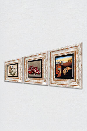 Salvador Dalí Belleğin Azmi, Kelebekli Çiçek, Nar Taş Duvar Tablosu Çerçeveli Duvar Dekoru 3 Parça Tablo Seti Wall Art