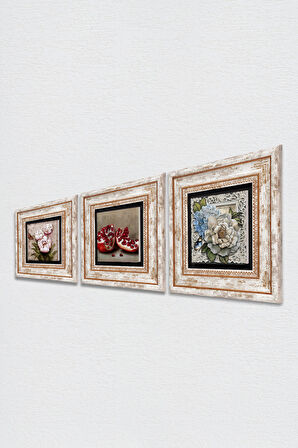 Kelebekli Çiçek, Nar Taş Duvar Tablosu Çerçeveli Duvar Dekoru 3 Parça Tablo Seti Wall Art
