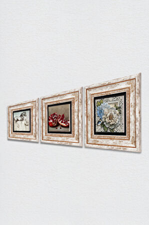 Leonardo da Vinci At Heykeli, Kelebekli Çiçek, Nar Taş Duvar Tablosu Çerçeveli Duvar Dekoru 3 Parça Tablo Seti Wall Art