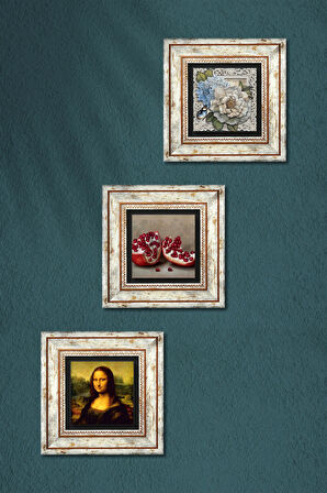 Leonardo da Vinci Mona Lisa, Kelebekli Çiçek, Nar Taş Duvar Tablosu Çerçeveli Duvar Dekoru 3 Parça Tablo Seti Wall Art