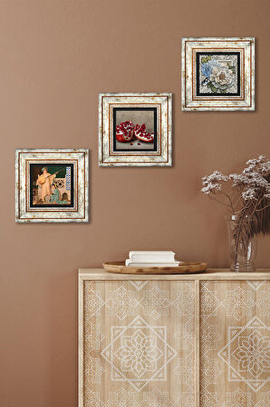 İki Müzisyen Kız Tablosu, Kelebekli Çiçek, Nar Taş Duvar Tablosu Çerçeveli Duvar Dekoru 3 Parça Tablo Seti Wall Art