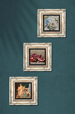 İki Müzisyen Kız Tablosu, Kelebekli Çiçek, Nar Taş Duvar Tablosu Çerçeveli Duvar Dekoru 3 Parça Tablo Seti Wall Art