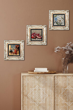 Satranç Oyunu, Kelebekli Çiçek, Nar Taş Duvar Tablosu Çerçeveli Duvar Dekoru 3 Parça Tablo Seti Wall Art