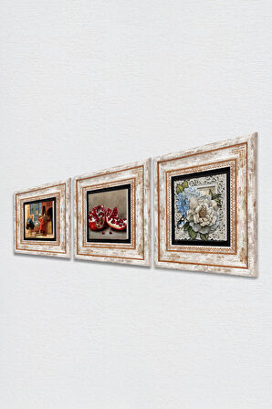 Satranç Oyunu, Kelebekli Çiçek, Nar Taş Duvar Tablosu Çerçeveli Duvar Dekoru 3 Parça Tablo Seti Wall Art