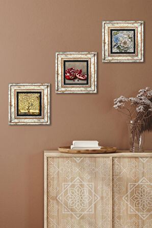 Gustav Klimt Hayat Ağacı, Kelebekli Çiçek, Nar Taş Duvar Tablosu Çerçeveli Duvar Dekoru 3 Parça Tablo Seti Wall Art