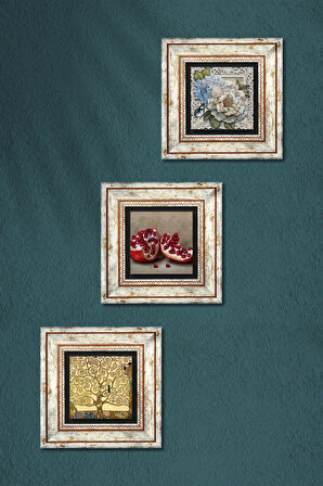 Gustav Klimt Hayat Ağacı, Kelebekli Çiçek, Nar Taş Duvar Tablosu Çerçeveli Duvar Dekoru 3 Parça Tablo Seti Wall Art