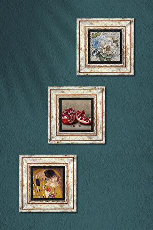 Gustav Klimt Öpücük, Kelebekli Çiçek, Nar Taş Duvar Tablosu Çerçeveli Duvar Dekoru 3 Parça Tablo Seti Wall Art