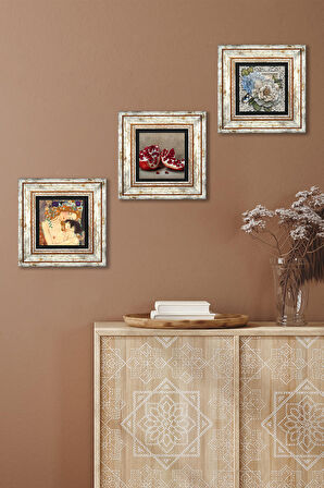 Gustav Klimt Anne Çocuk, Kelebekli Çiçek, Nar Taş Duvar Tablosu Çerçeveli Duvar Dekoru 3 Parça Tablo Seti Wall Art