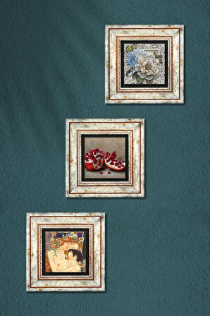 Gustav Klimt Anne Çocuk, Kelebekli Çiçek, Nar Taş Duvar Tablosu Çerçeveli Duvar Dekoru 3 Parça Tablo Seti Wall Art