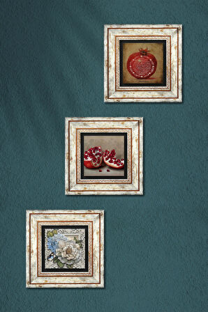 Bereket Duası, Kelebekli Çiçek, Nar Taş Duvar Tablosu Çerçeveli Duvar Dekoru 3 Parça Tablo Seti Wall Art