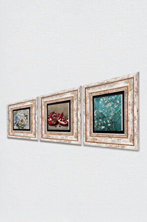 Van Gogh Badem Ağacı, Kelebekli Çiçek, Nar Taş Duvar Tablosu Çerçeveli Duvar Dekoru 3 Parça Tablo Seti Wall Art
