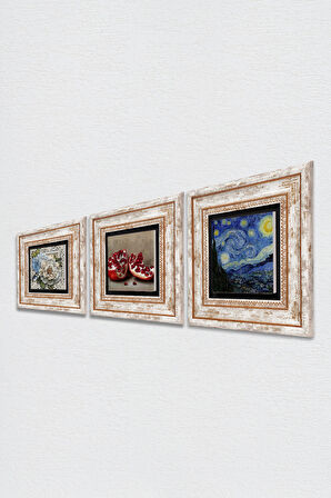 Van Gogh Yıldızlı Gece, Kelebekli Çiçek, Nar Taş Duvar Tablosu Çerçeveli Duvar Dekoru 3 Parça Tablo Seti Wall Art