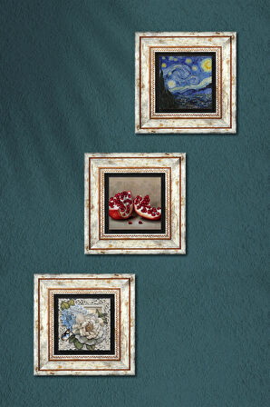 Van Gogh Yıldızlı Gece, Kelebekli Çiçek, Nar Taş Duvar Tablosu Çerçeveli Duvar Dekoru 3 Parça Tablo Seti Wall Art