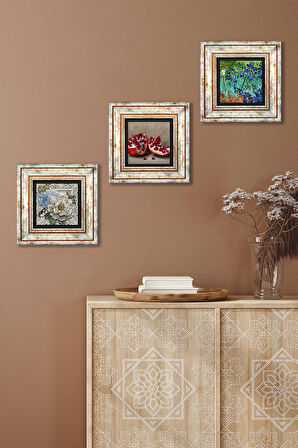 Van Gogh İrisler, Kelebekli Çiçek, Nar Taş Duvar Tablosu Çerçeveli Duvar Dekoru 3 Parça Tablo Seti Wall Art