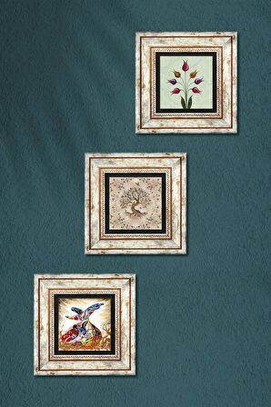 Lale Ebru Sanatı, Hayat Ağacı, Semazen Taş Duvar Tablosu Çerçeveli Duvar Dekoru 3 Parça Tablo Seti Wall Art