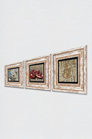 Mozaik Serisi, Kelebekli Çiçek, Nar Taş Duvar Tablosu Çerçeveli Duvar Dekoru 3 Parça Tablo Seti Wall Art