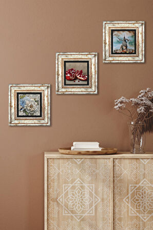 İstanbul Galata Kulesi, Kelebekli Çiçek, Nar Taş Duvar Tablosu Çerçeveli Duvar Dekoru 3 Parça Tablo Seti Wall Art