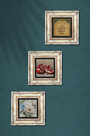 Nazar Duası, Kelebekli Çiçek, Nar Taş Duvar Tablosu Çerçeveli Duvar Dekoru 3 Parça Tablo Seti Wall Art