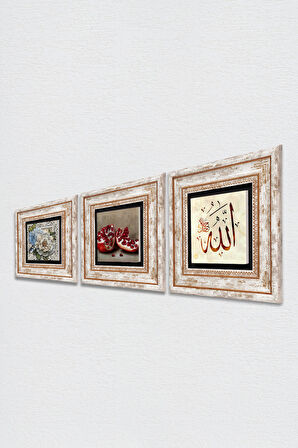 Allah Lafzı, Kelebekli Çiçek, Nar Taş Duvar Tablosu Çerçeveli Duvar Dekoru 3 Parça Tablo Seti Wall Art
