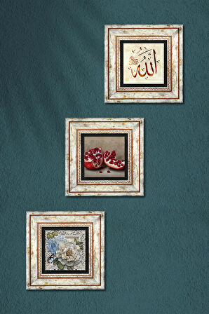 Allah Lafzı, Kelebekli Çiçek, Nar Taş Duvar Tablosu Çerçeveli Duvar Dekoru 3 Parça Tablo Seti Wall Art