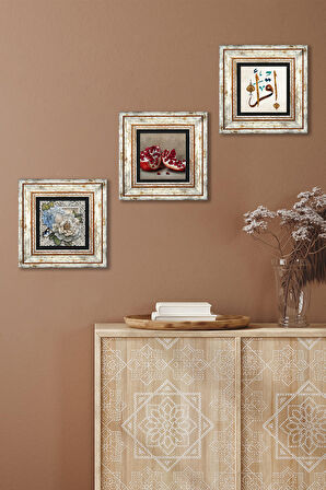 İlk Ayet 'Oku', Kelebekli Çiçek, Nar Taş Duvar Tablosu Çerçeveli Duvar Dekoru 3 Parça Tablo Seti Wall Art