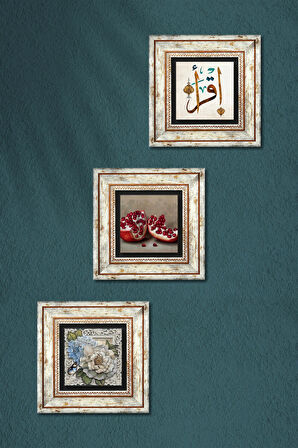 İlk Ayet 'Oku', Kelebekli Çiçek, Nar Taş Duvar Tablosu Çerçeveli Duvar Dekoru 3 Parça Tablo Seti Wall Art