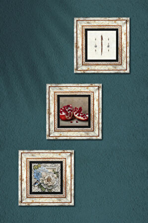 Elif, Kelebekli Çiçek, Nar Taş Duvar Tablosu Çerçeveli Duvar Dekoru 3 Parça Tablo Seti Wall Art