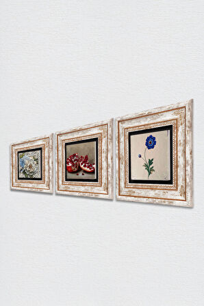 Ebru Sanatı, Kelebekli Çiçek, Nar Taş Duvar Tablosu Çerçeveli Duvar Dekoru 3 Parça Tablo Seti Wall Art
