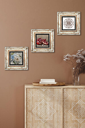 Sri Yantra, Kelebekli Çiçek, Nar Taş Duvar Tablosu Çerçeveli Duvar Dekoru 3 Parça Tablo Seti Wall Art