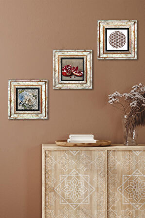 Yaşam Çiçeği, Kelebekli Çiçek, Nar Taş Duvar Tablosu Çerçeveli Duvar Dekoru 3 Parça Tablo Seti Wall Art