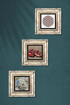 Yaşam Çiçeği, Kelebekli Çiçek, Nar Taş Duvar Tablosu Çerçeveli Duvar Dekoru 3 Parça Tablo Seti Wall Art