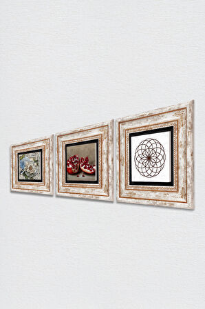Yaşam Çiçeği, Kelebekli Çiçek, Nar Taş Duvar Tablosu Çerçeveli Duvar Dekoru 3 Parça Tablo Seti Wall Art