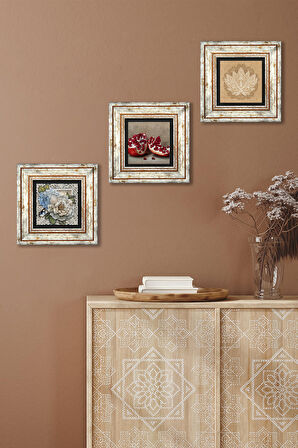 Lotus Çiçeği, Kelebekli Çiçek, Nar Taş Duvar Tablosu Çerçeveli Duvar Dekoru 3 Parça Tablo Seti Wall Art