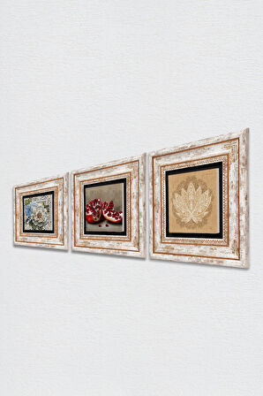 Lotus Çiçeği, Kelebekli Çiçek, Nar Taş Duvar Tablosu Çerçeveli Duvar Dekoru 3 Parça Tablo Seti Wall Art