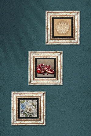 Lotus Çiçeği, Kelebekli Çiçek, Nar Taş Duvar Tablosu Çerçeveli Duvar Dekoru 3 Parça Tablo Seti Wall Art