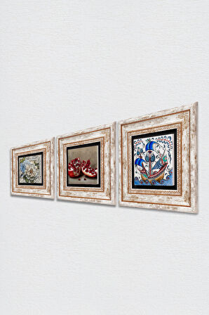 Çini Sanatı Yelkenli Gemi, Kelebekli Çiçek, Nar Taş Duvar Tablosu Çerçeveli Duvar Dekoru 3 Parça Tablo Seti Wall Art