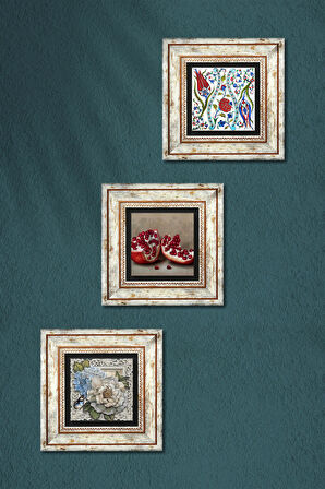 Çini Sanatı Lale, Kelebekli Çiçek, Nar Taş Duvar Tablosu Çerçeveli Duvar Dekoru 3 Parça Tablo Seti Wall Art