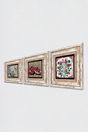 Çini Sanatı Lale, Kelebekli Çiçek, Nar Taş Duvar Tablosu Çerçeveli Duvar Dekoru 3 Parça Tablo Seti Wall Art