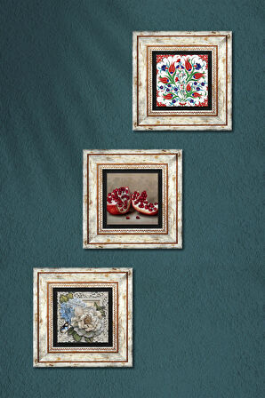 Çini Sanatı Lale, Kelebekli Çiçek, Nar Taş Duvar Tablosu Çerçeveli Duvar Dekoru 3 Parça Tablo Seti Wall Art