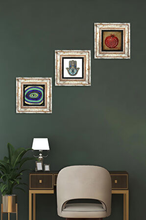 Nazar, Bereket Duası, Fatma Ana Eli (Hamsa) Taş Duvar Tablosu Çerçeveli Duvar Dekoru 3 Parça Tablo Seti Wall Art