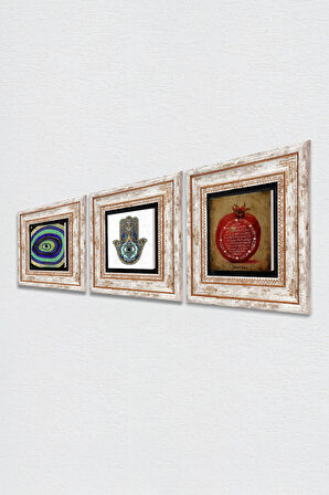 Nazar, Bereket Duası, Fatma Ana Eli (Hamsa) Taş Duvar Tablosu Çerçeveli Duvar Dekoru 3 Parça Tablo Seti Wall Art
